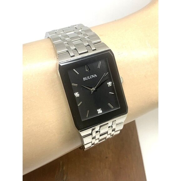 Bulova Men's Watch 96D145 Quartz Diamond Black Dial Rectangle Silver Ste… - Picture 10 of 13